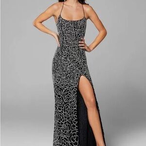Primavera Couture Floral black silver Beaded Backless Prom Dress
